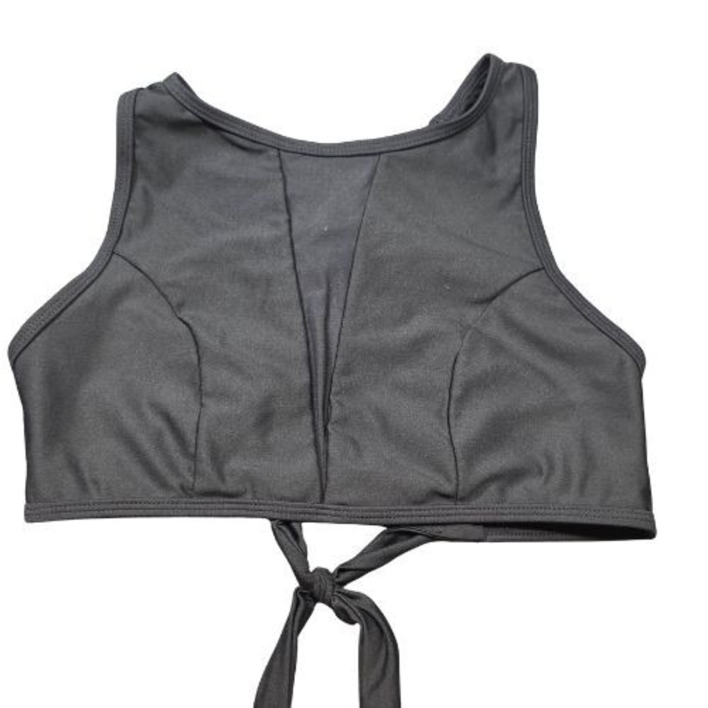 Black High Neck S Bikini Top Mesh V-Insert‎ Adjustable Criss Cross Tie Back Swim